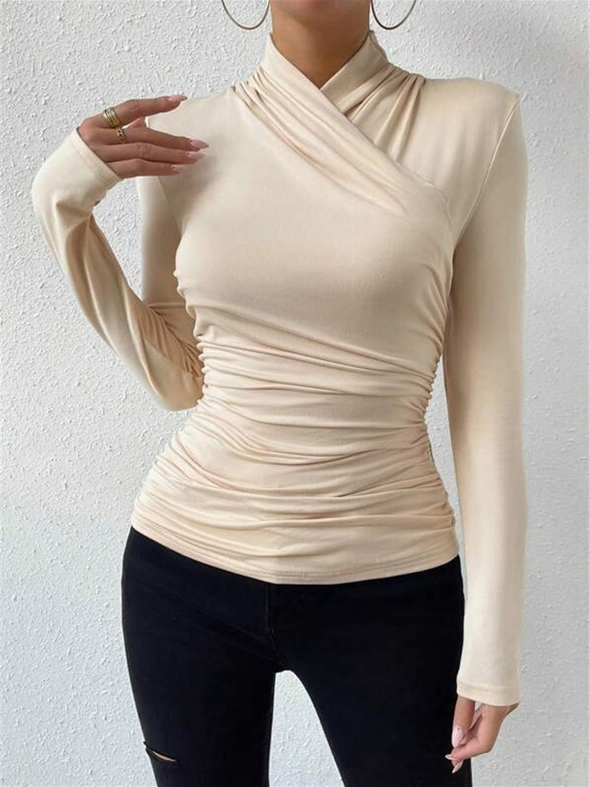 Women’s Sculpted Crossover Long Sleeve Top with Draped Waist