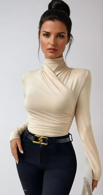 Women’s Sculpted Crossover Long Sleeve Top with Draped Waist