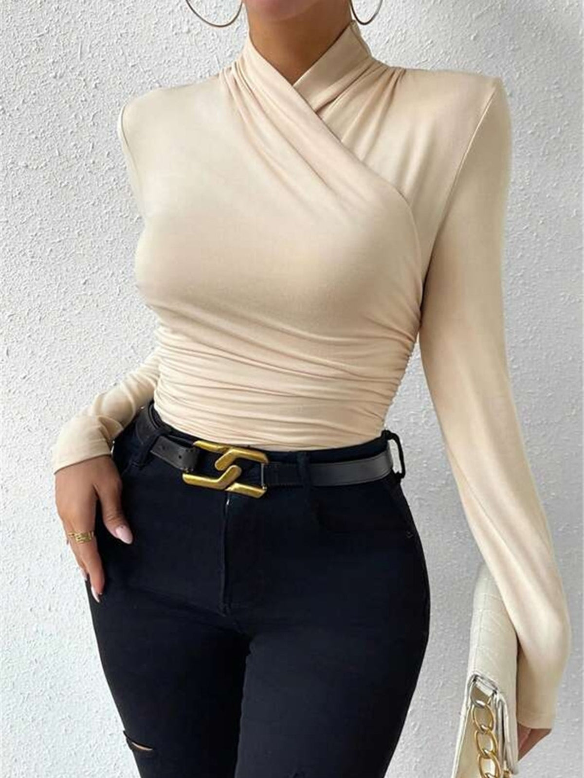 Women’s Sculpted Crossover Long Sleeve Top with Draped Waist
