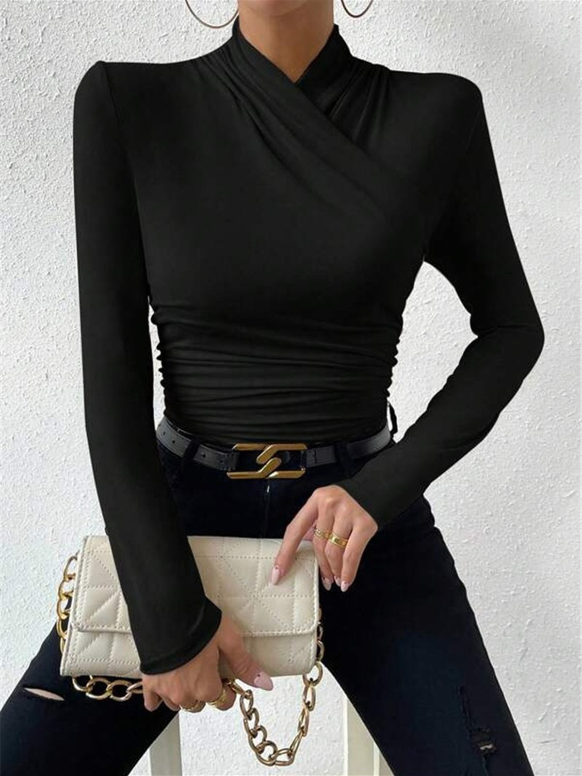 Women’s Sculpted Crossover Long Sleeve Top with Draped Waist