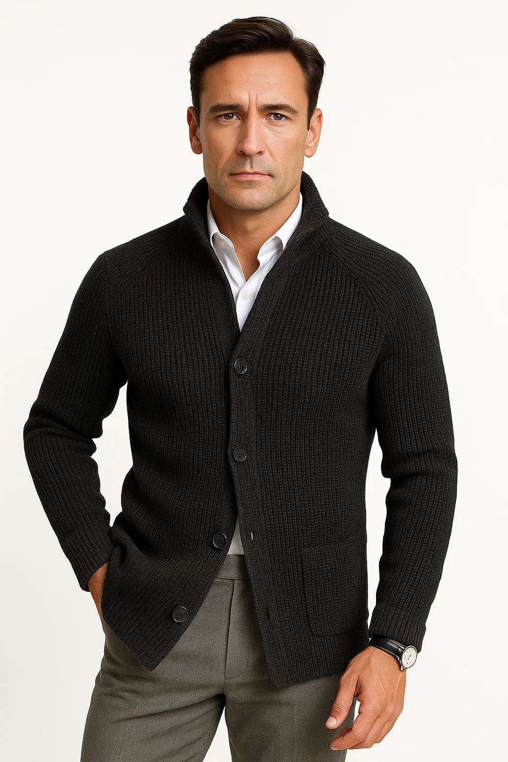 Men's Casual Cardigan - Wool Knit with Button Closure and Long Sleeves
