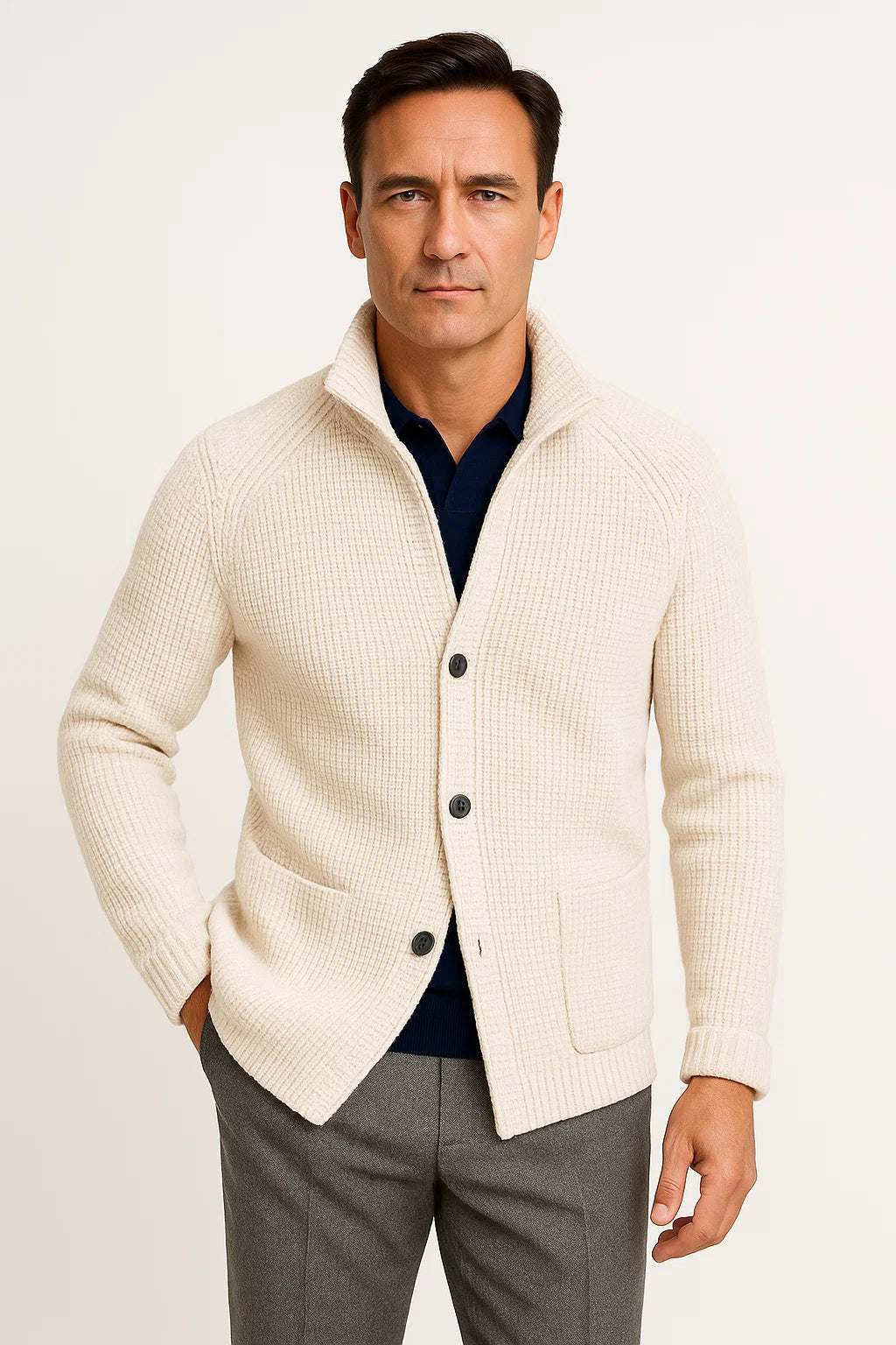 Men's Casual Cardigan - Wool Knit with Button Closure and Long Sleeves
