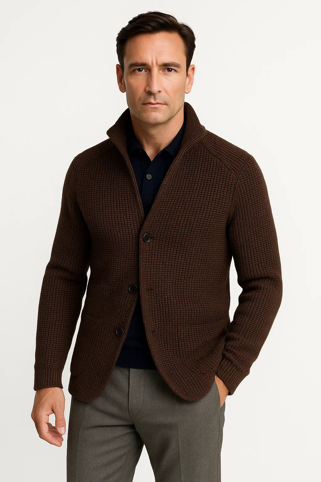 Men's Casual Cardigan - Wool Knit with Button Closure and Long Sleeves