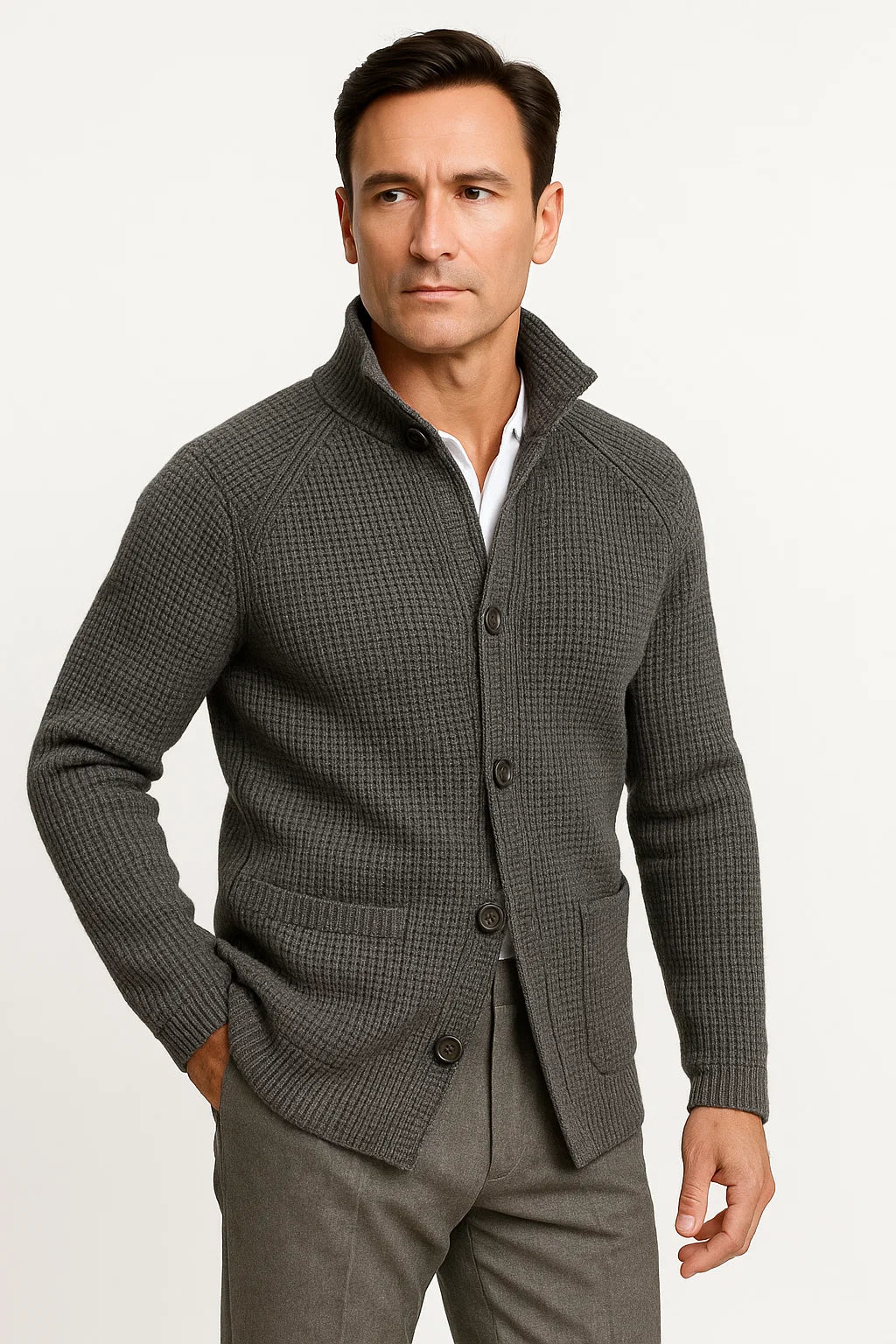 Men's Casual Cardigan - Wool Knit with Button Closure and Long Sleeves