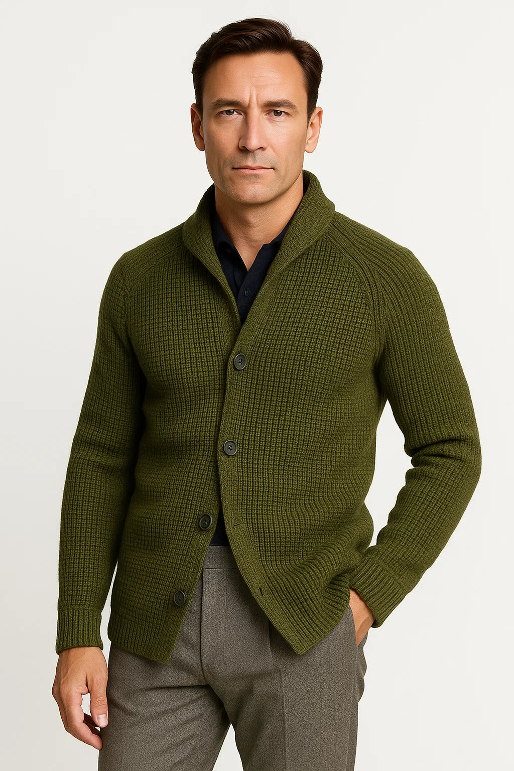 Men's Casual Cardigan - Wool Knit with Button Closure and Long Sleeves