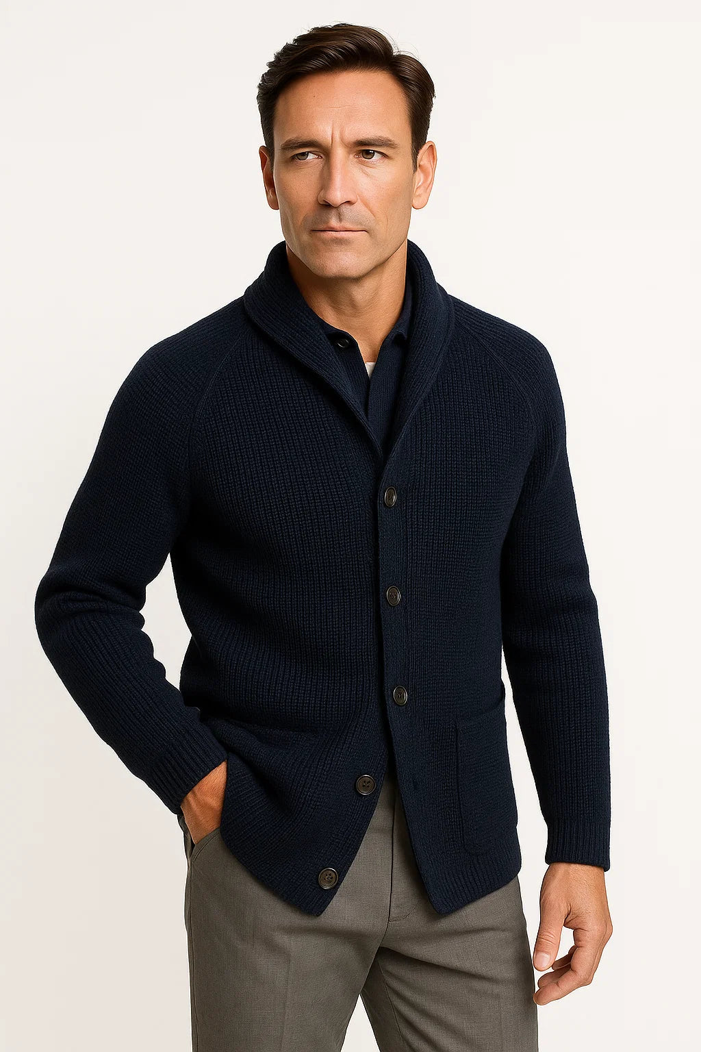 Men's Casual Cardigan - Wool Knit with Button Closure and Long Sleeves
