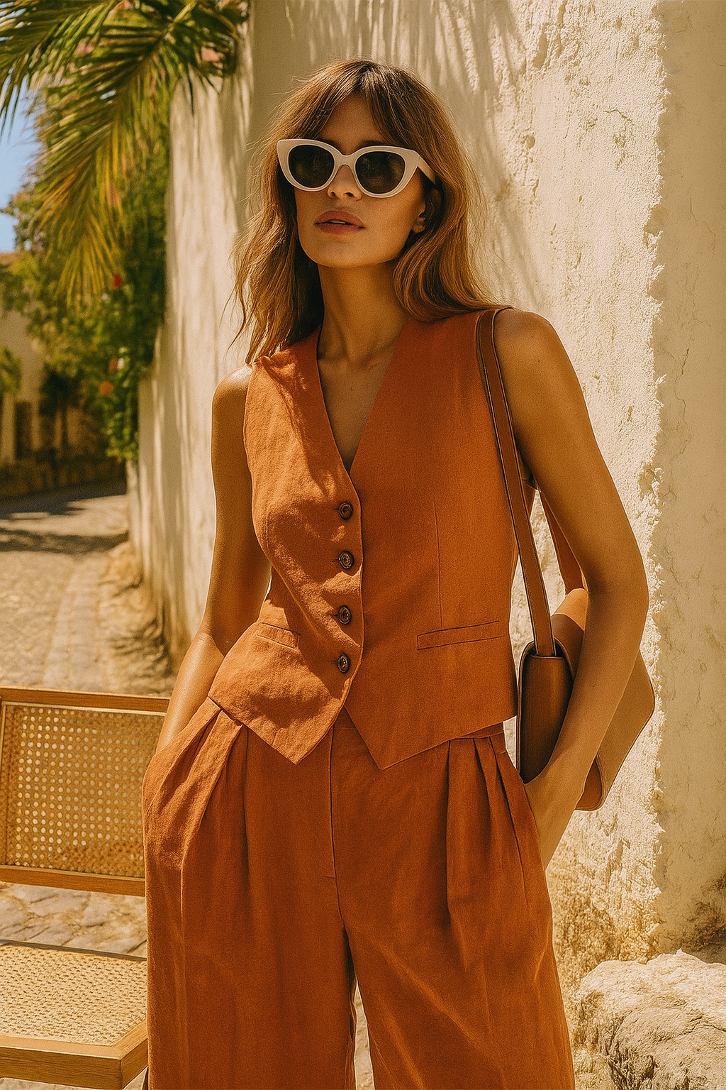 Marguerite | Elegant Linen Vest Wide Leg Trouser Set