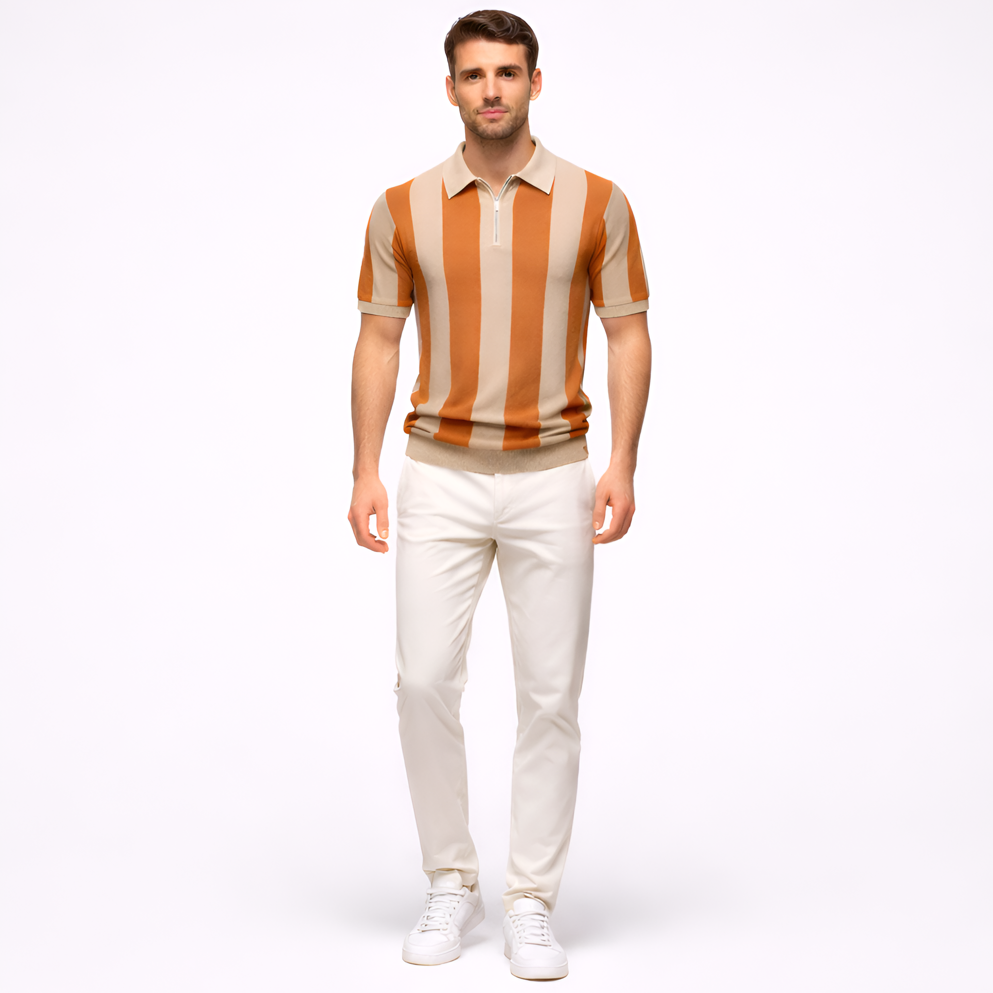 Men's Casual Polo Shirt - Short-Sleeve Striped Design with Zip Closure