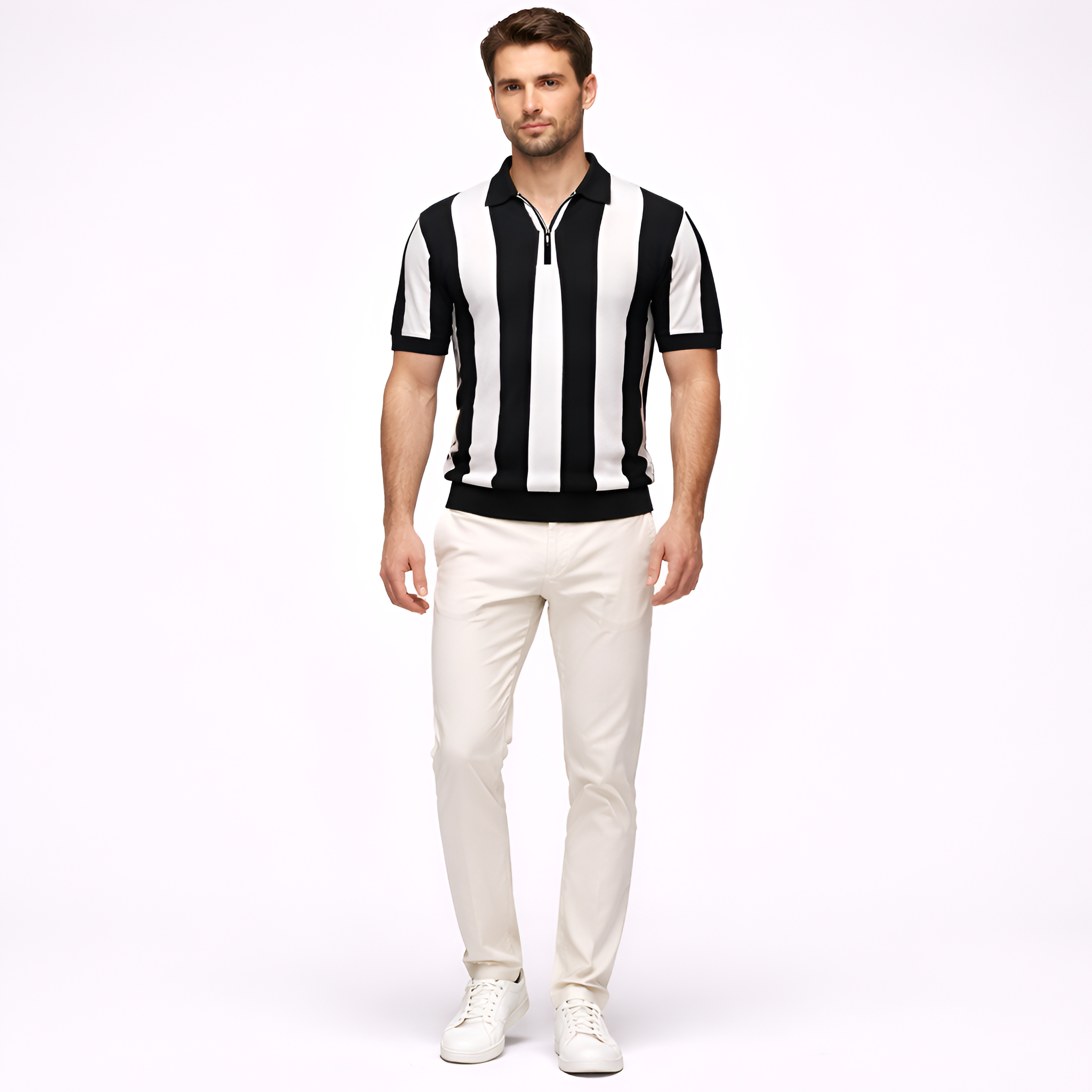 Men's Casual Polo Shirt - Short-Sleeve Striped Design with Zip Closure