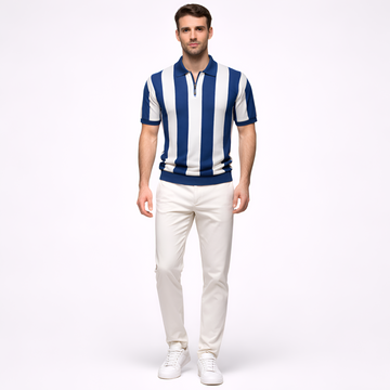 Men's Casual Polo Shirt - Short-Sleeve Striped Design with Zip Closure