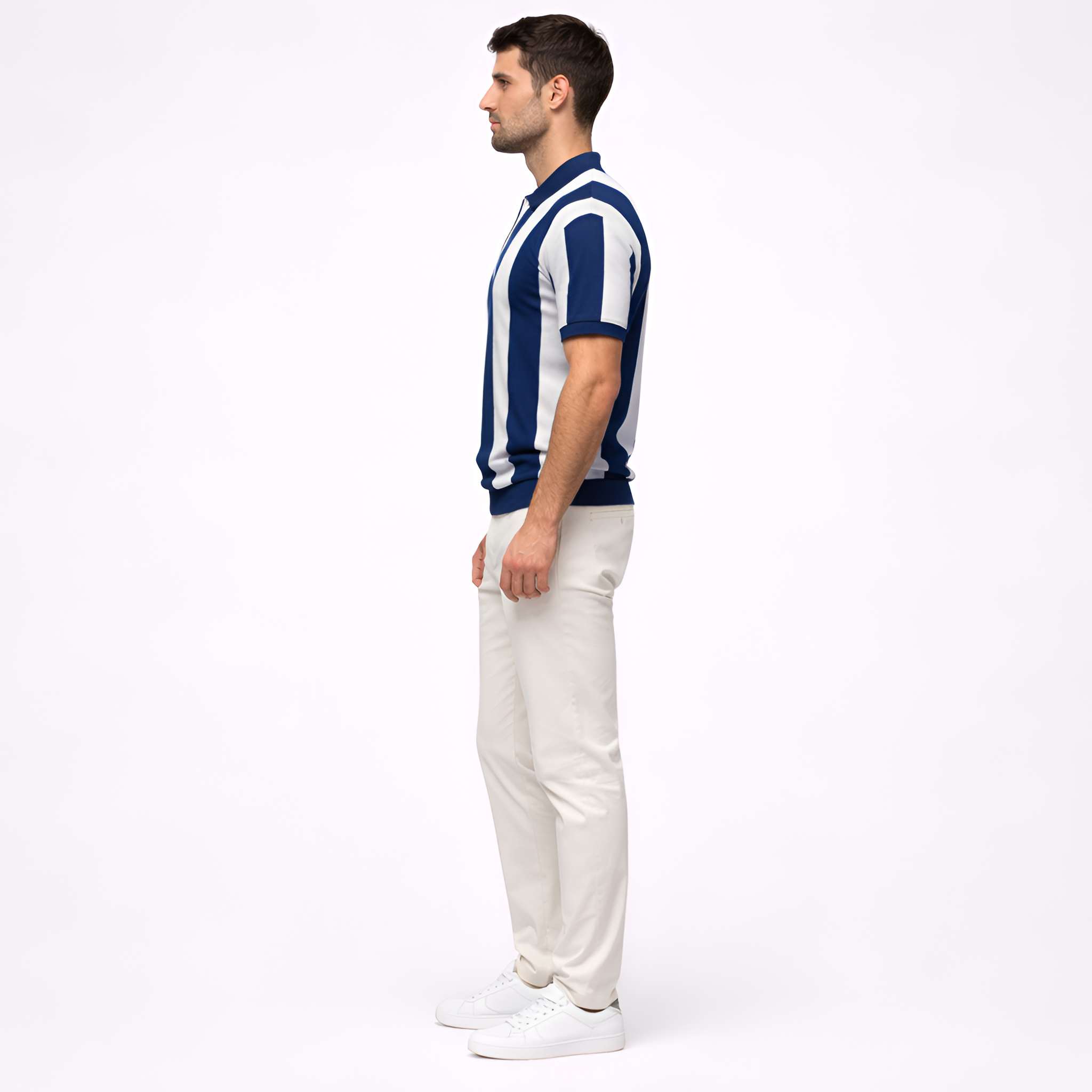 Men's Casual Polo Shirt - Short-Sleeve Striped Design with Zip Closure