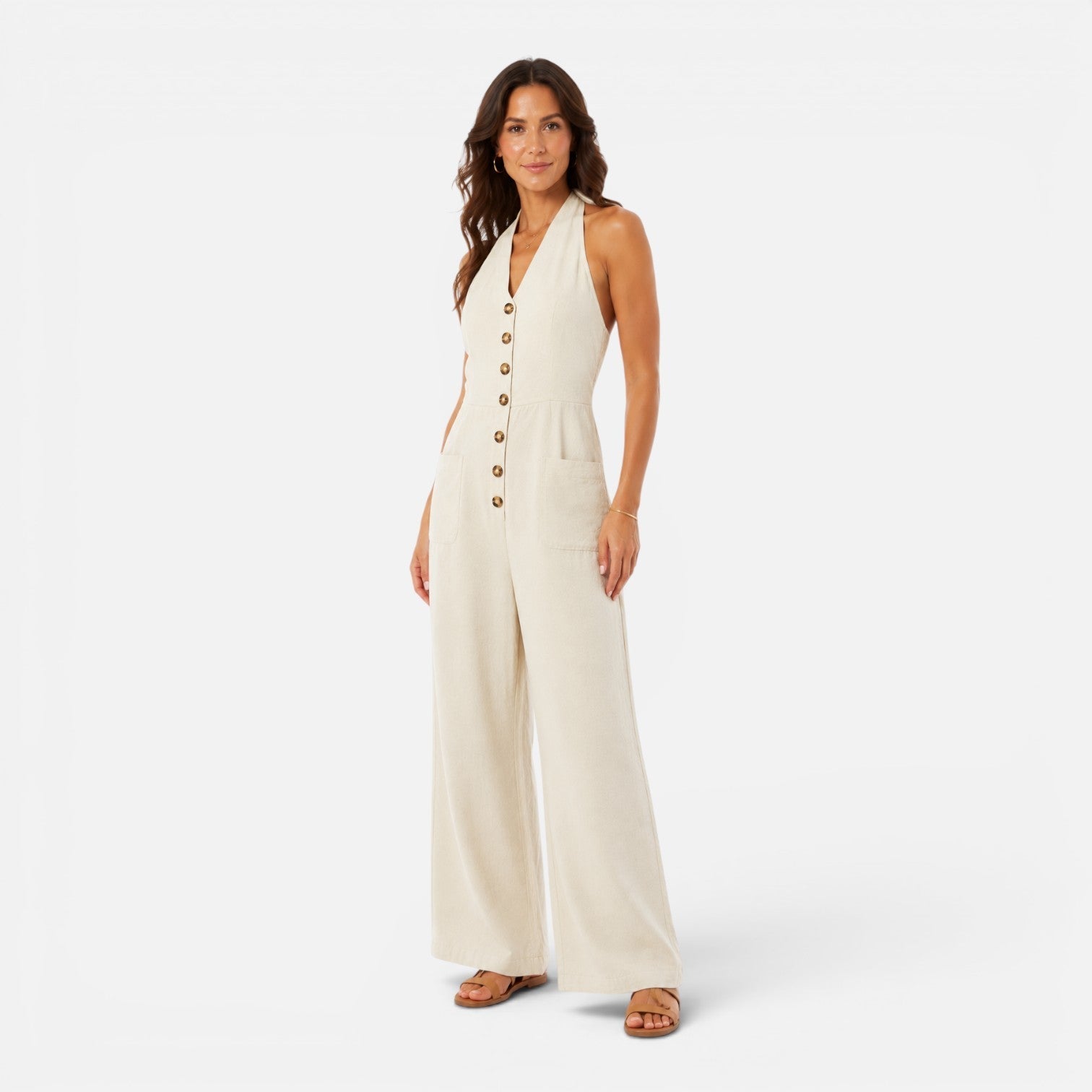 Evangeline | Elegant Halter Button-Front Wide-Leg Jumpsuit