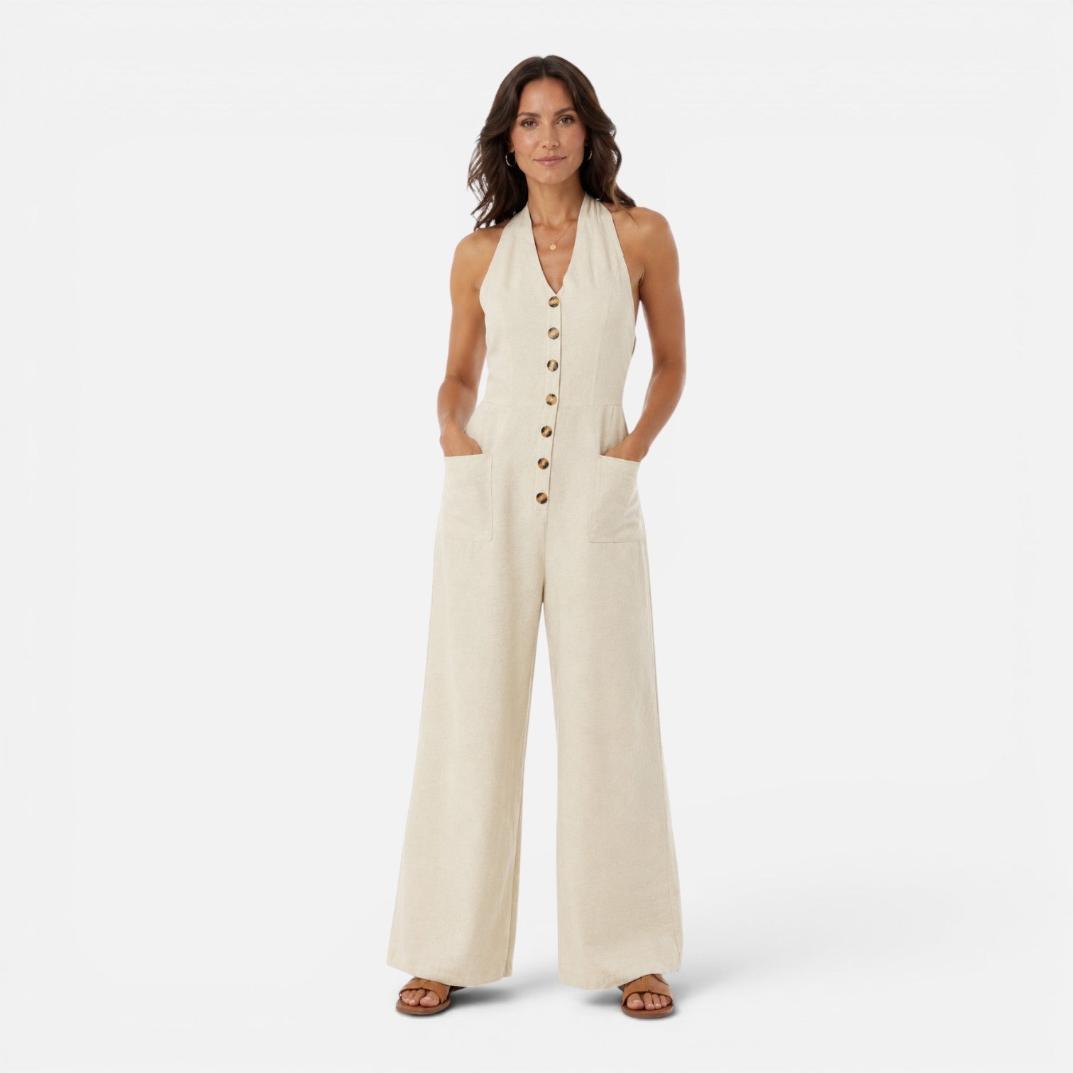 Evangeline | Elegant Halter Button-Front Wide-Leg Jumpsuit