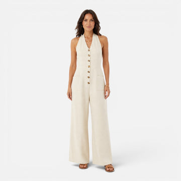 Evangeline | Elegant Halter Button-Front Wide-Leg Jumpsuit