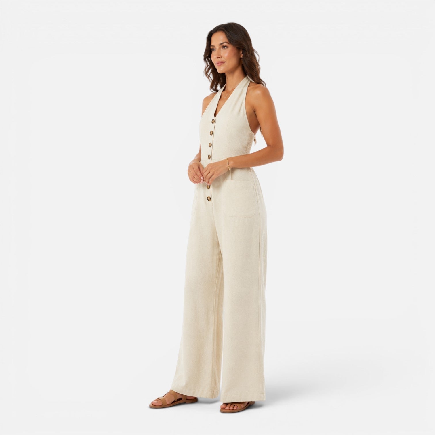 Evangeline | Elegant Halter Button-Front Wide-Leg Jumpsuit