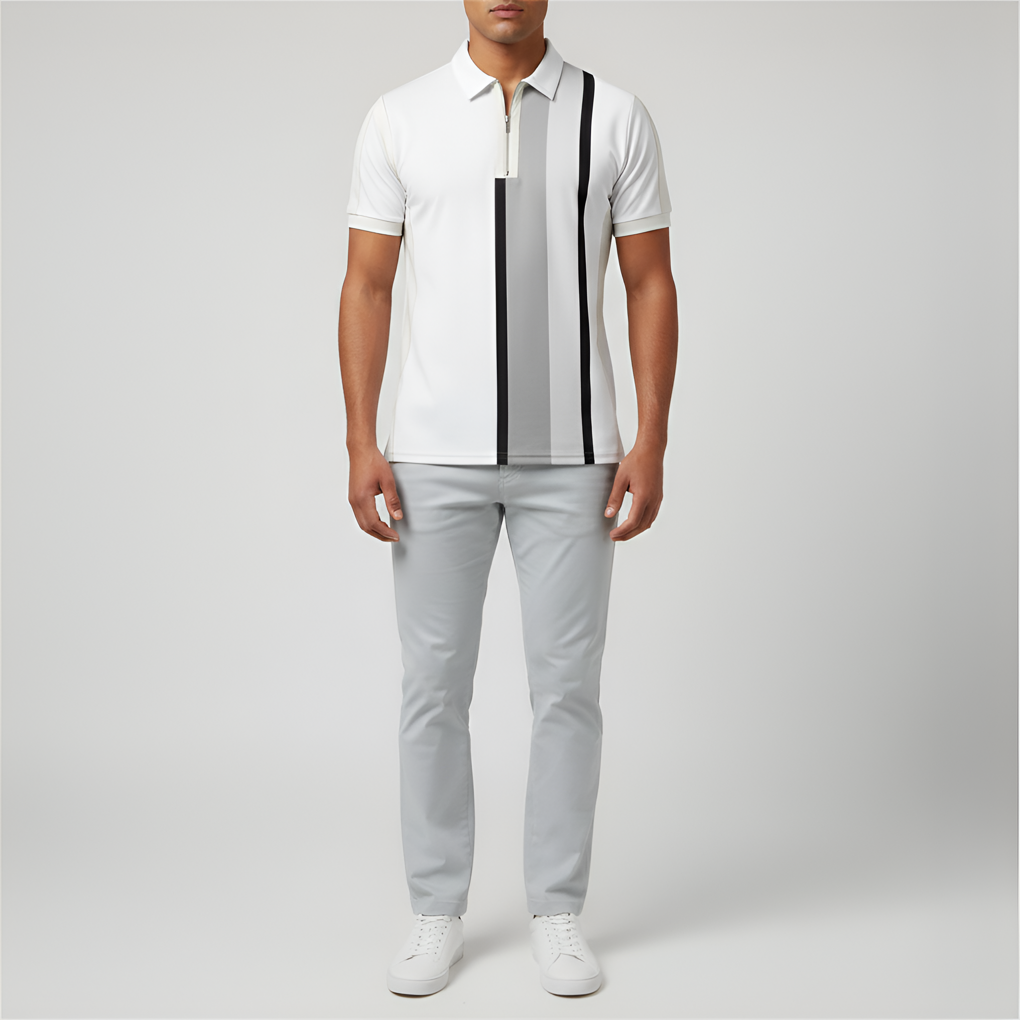 Men's Slim Fit Polo Shirt - Short-Sleeved Design with Zipper and Stripes