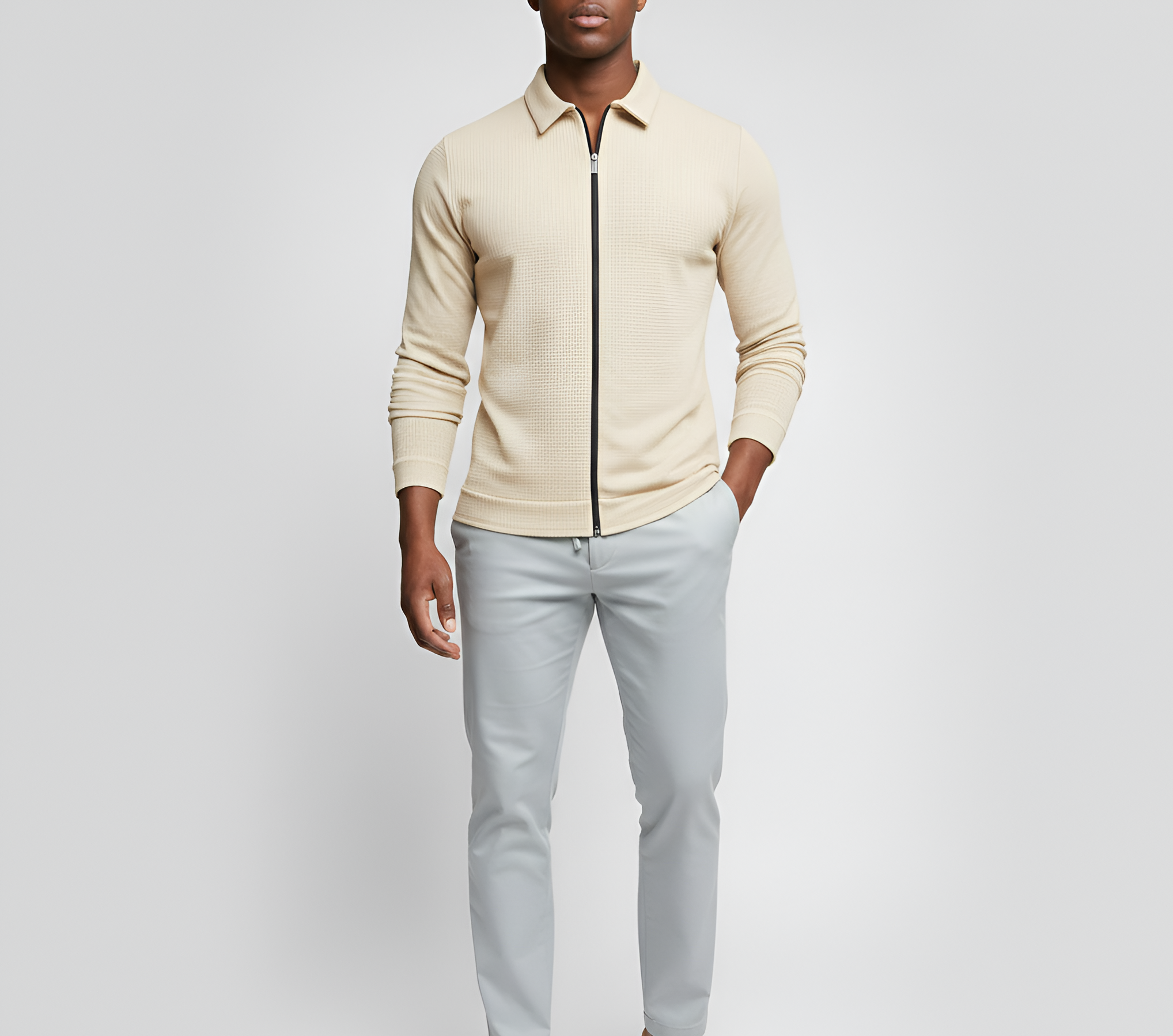 Men's Long-Sleeved Polo Shirt - Zip Closure with Classic Collar in Cotton