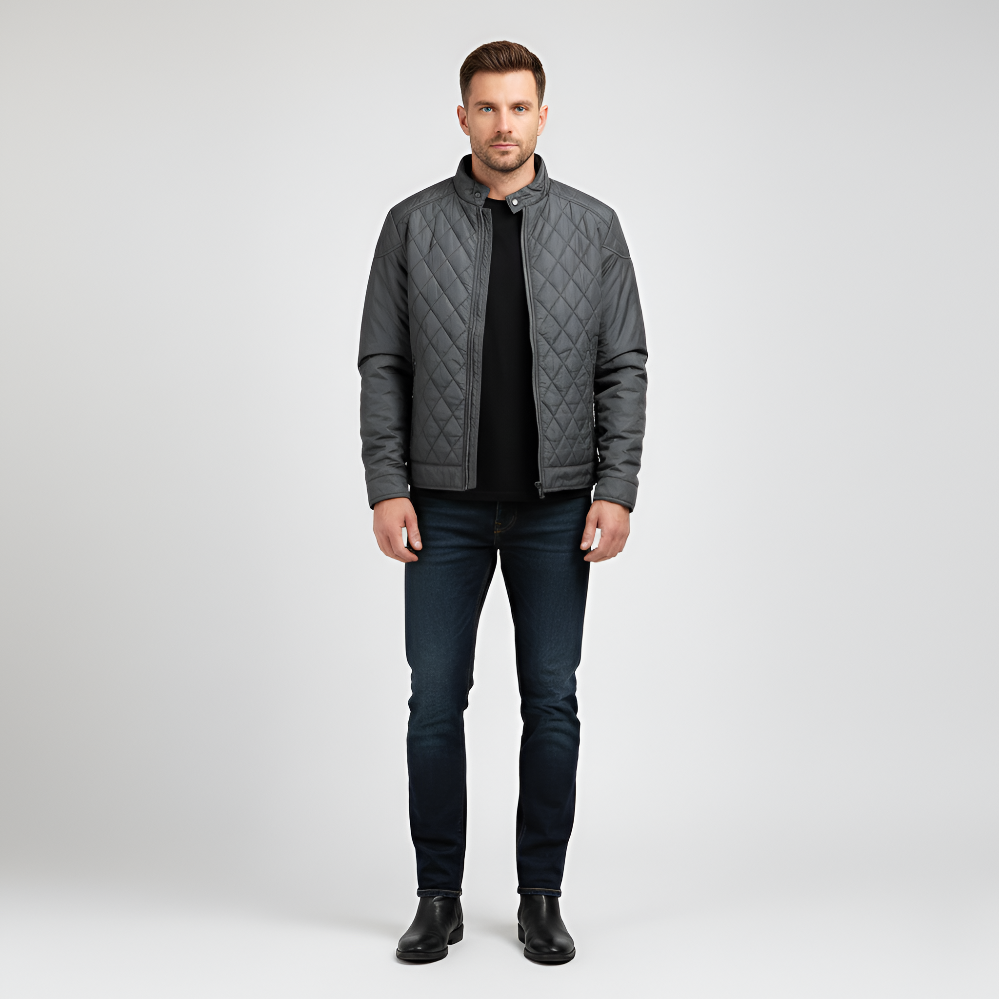 Men’s Lightly Padded Quilted Jacket with Zipper Closure and Transitional Design