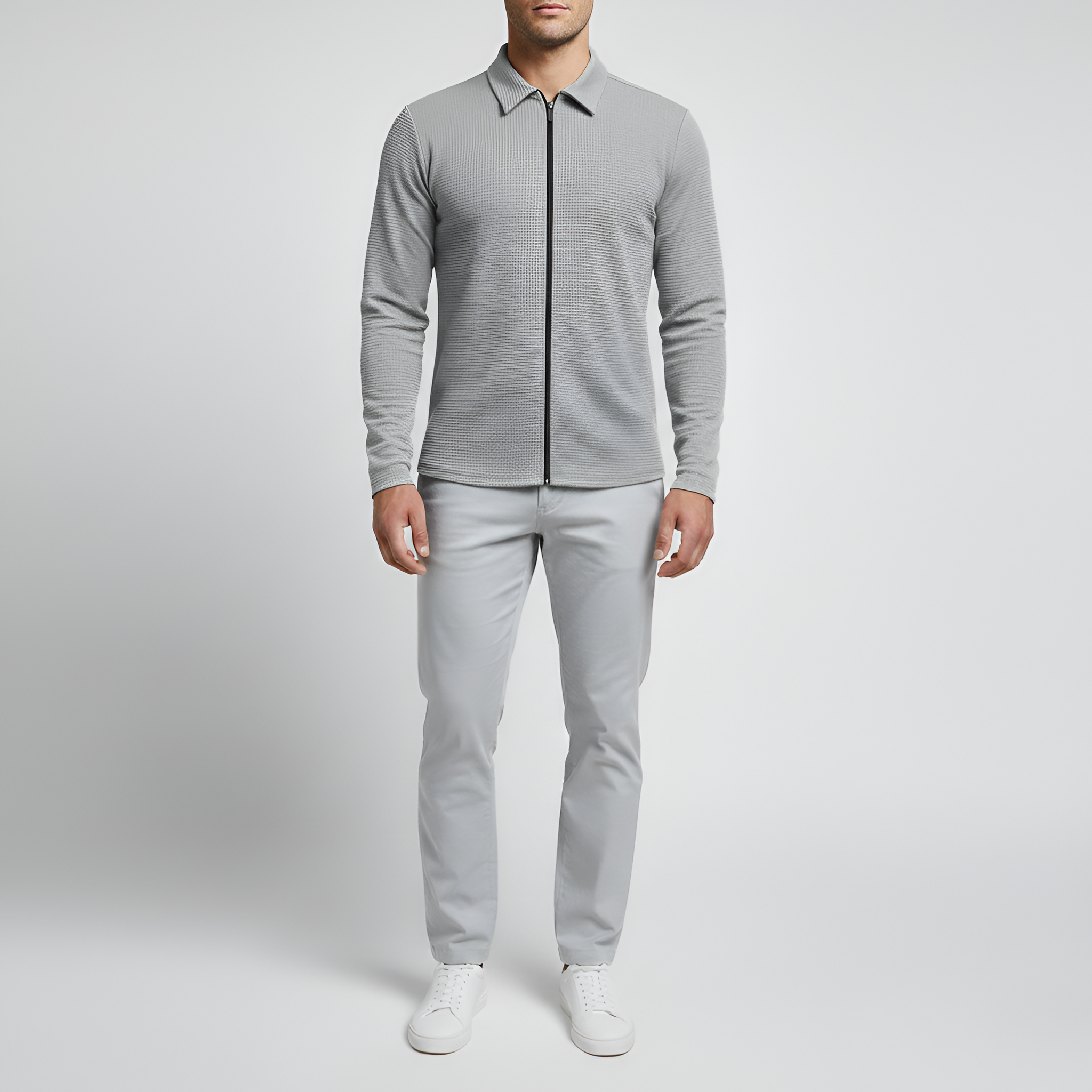 Men's Long-Sleeved Polo Shirt - Zip Closure with Classic Collar in Cotton