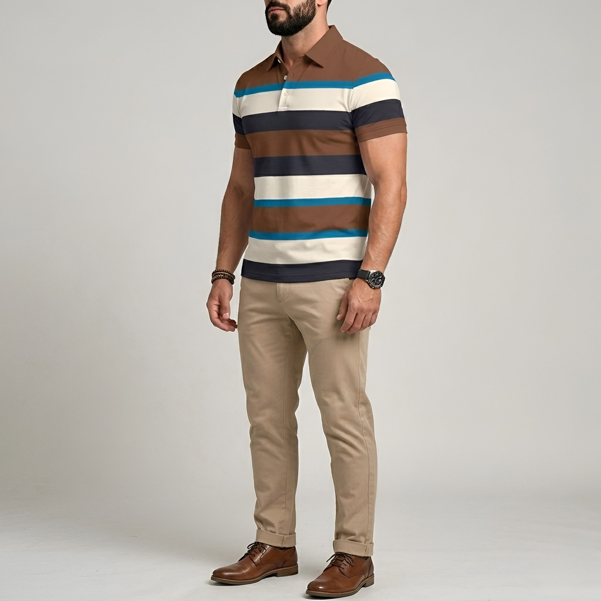 Men’s Striped Short-Sleeved Polo Shirt with Collared Neckline