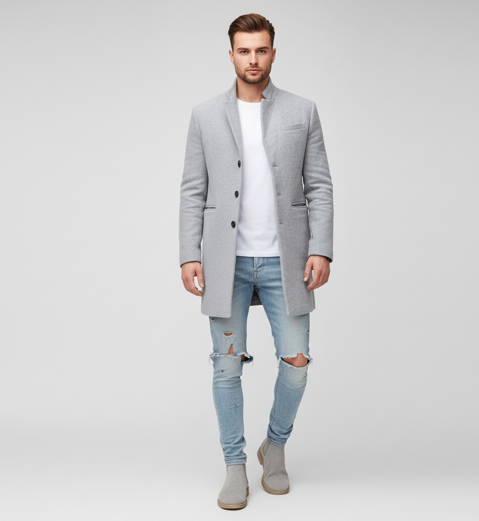 Men's Classic Long Wool Coat with Notched Lapels and Button Closure