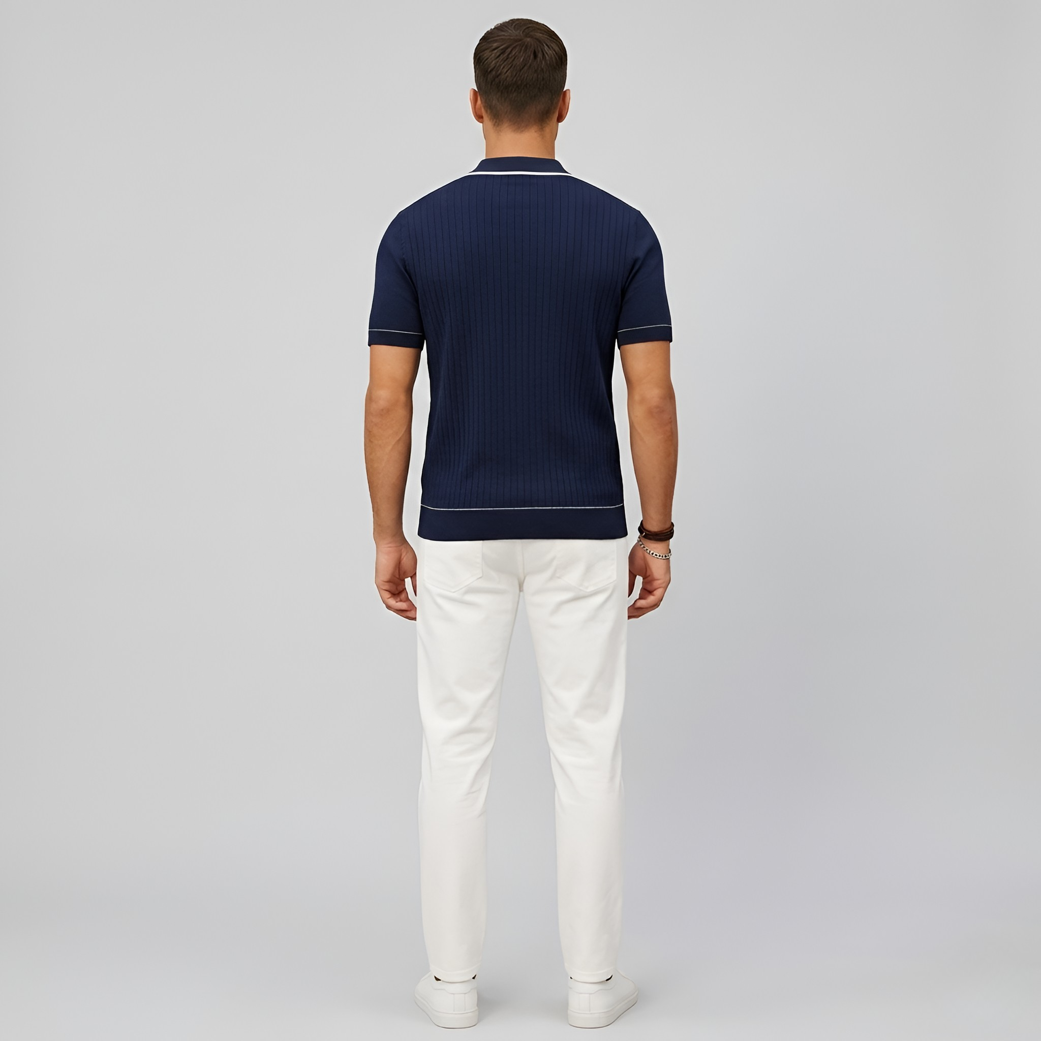 Men's Ribbed Polo Shirt - Button Closure and Shirt Collar with Short Sleeves