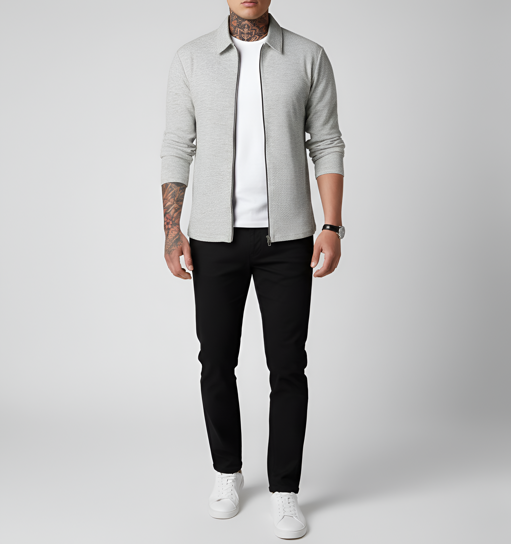 Men's Long-Sleeved Polo Shirt - Zip Closure with Classic Collar in Cotton