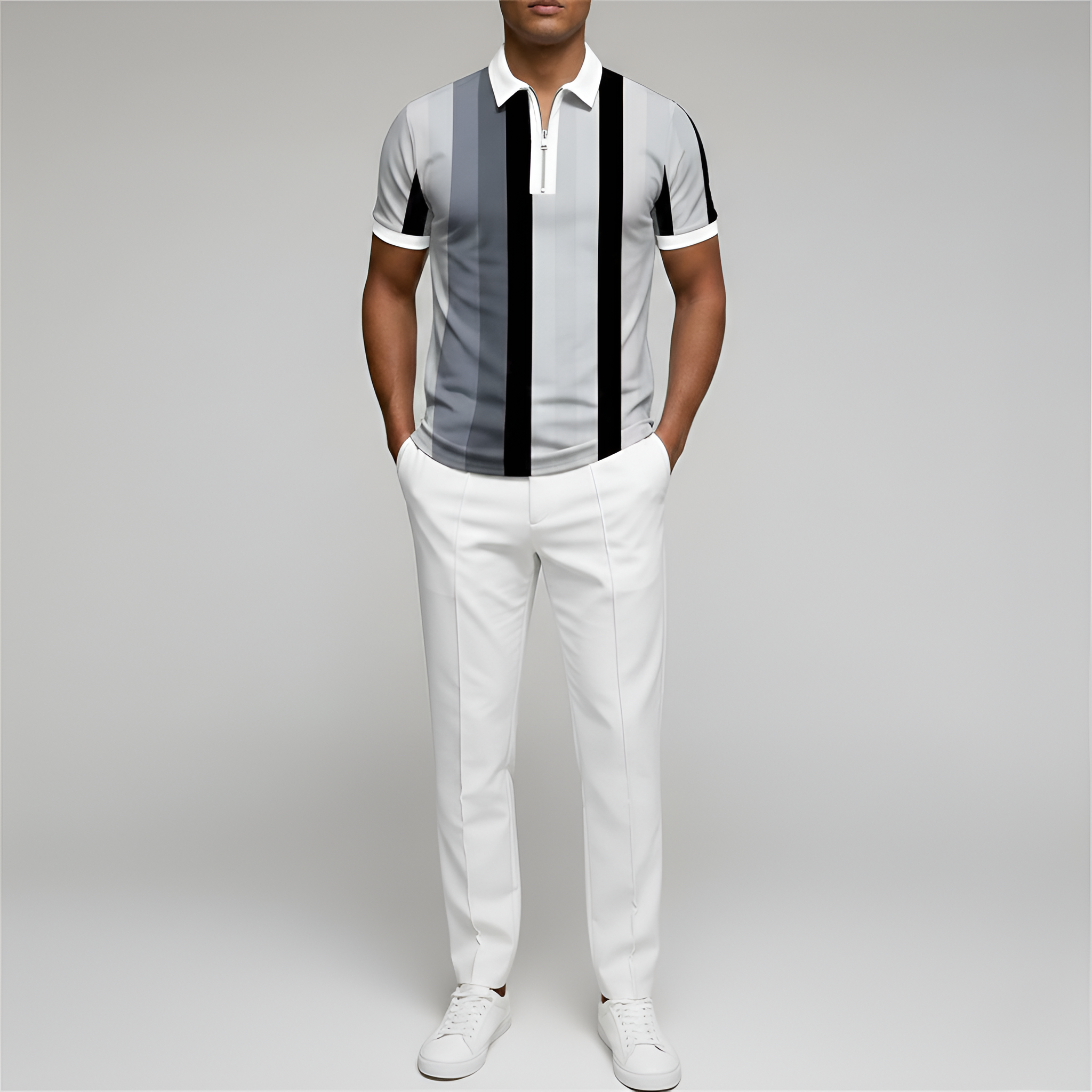 Men's Slim Fit Polo Shirt - Short-Sleeved Design with Zipper and Stripes