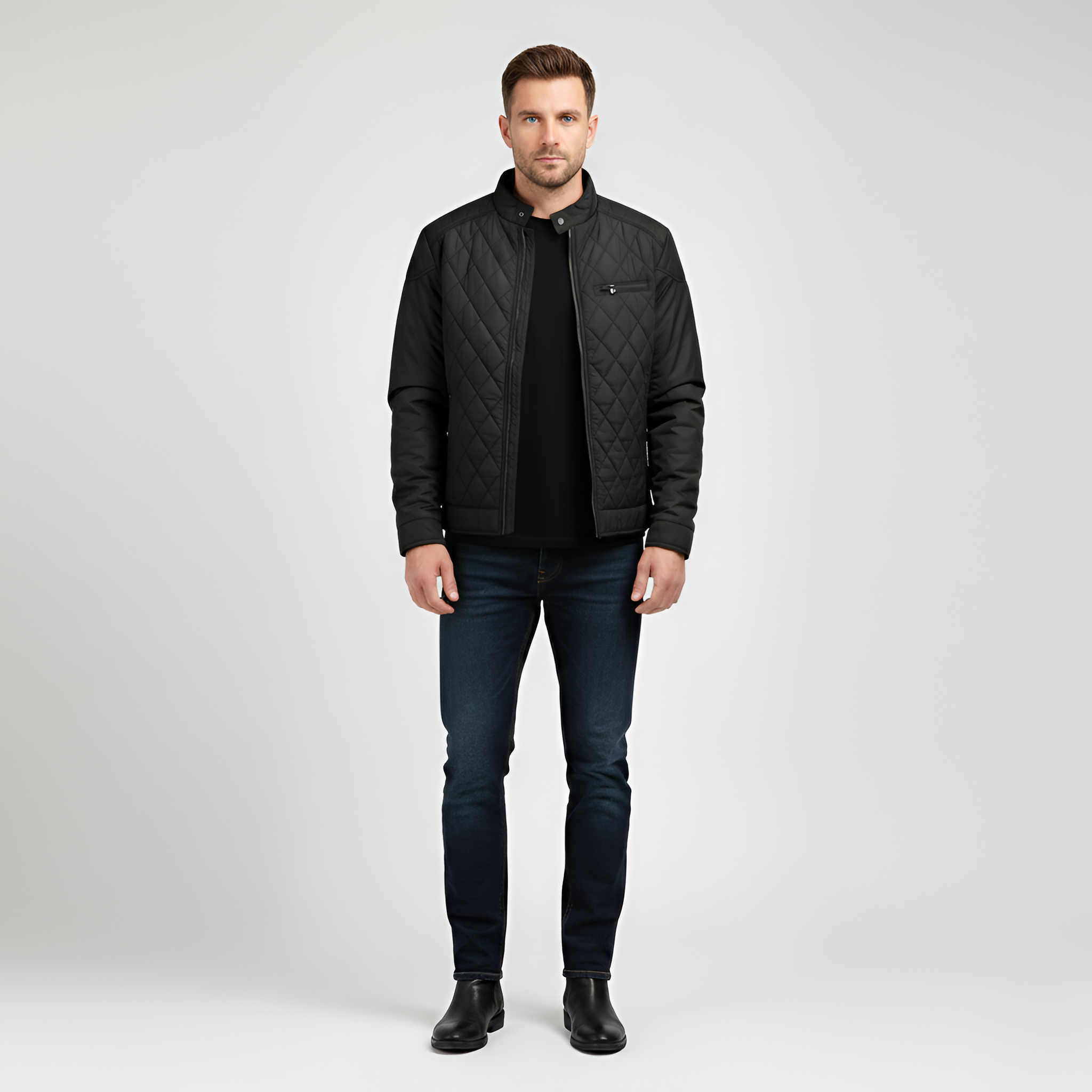 Men’s Lightly Padded Quilted Jacket with Zipper Closure and Transitional Design