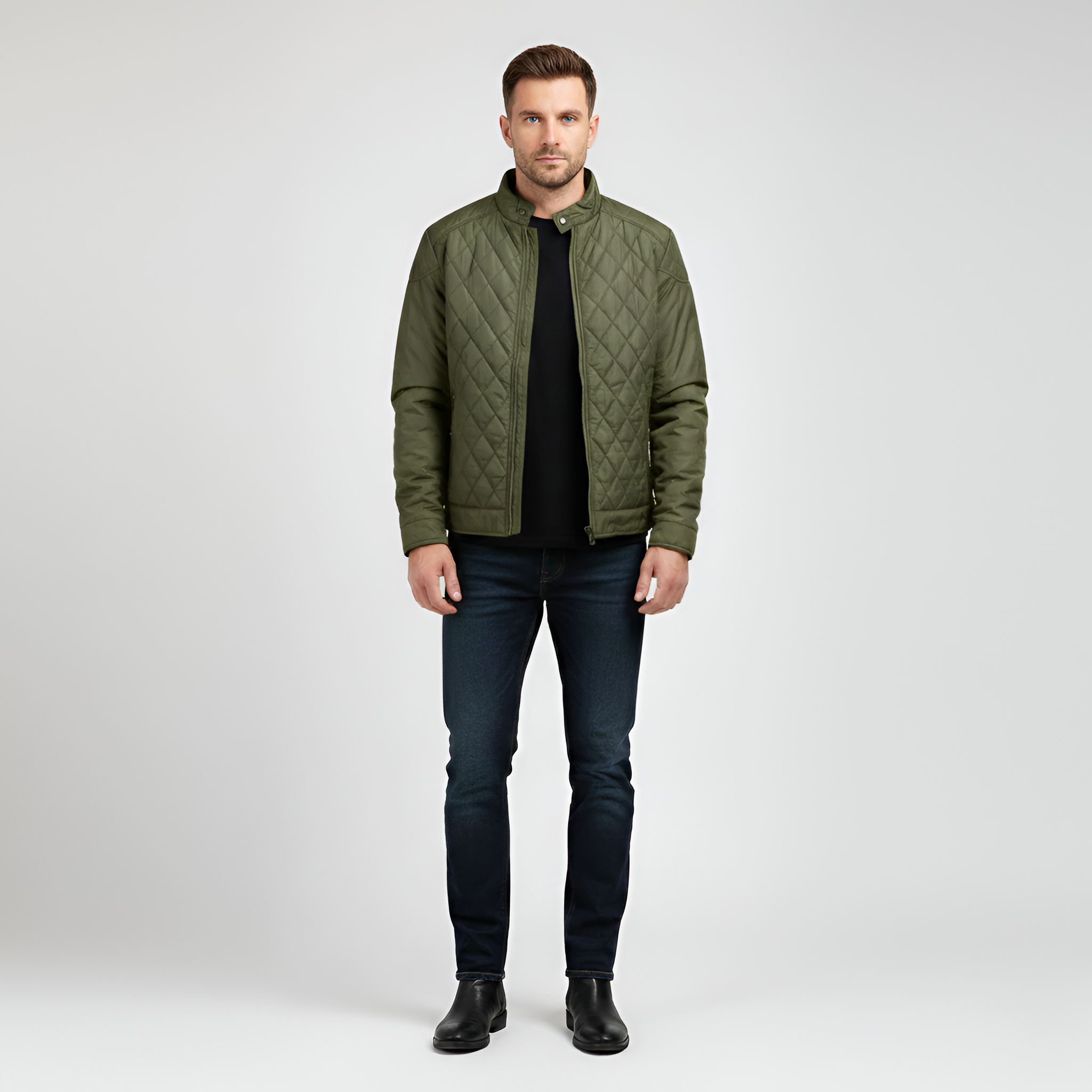 Men’s Lightly Padded Quilted Jacket with Zipper Closure and Transitional Design