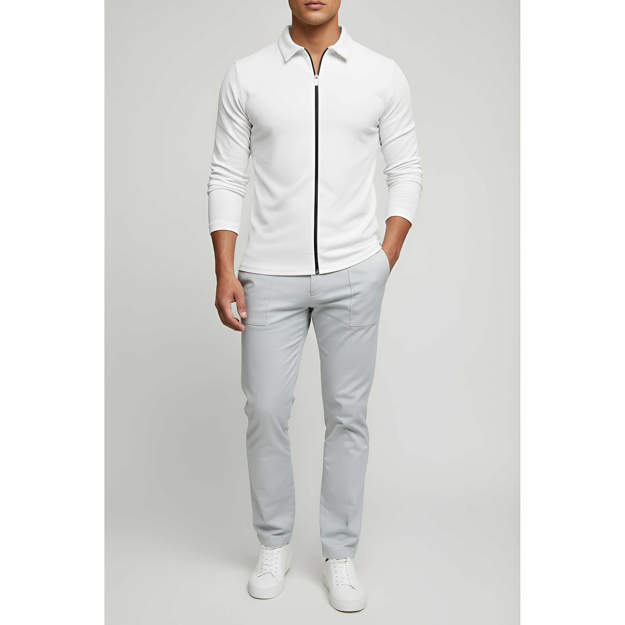 Men's Long-Sleeved Polo Shirt - Zip Closure with Classic Collar in Cotton