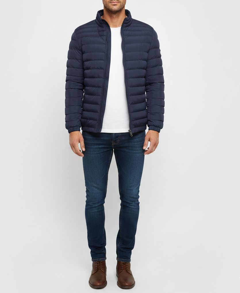 Men's Lightweight Puffer Jacket - Quilted Design with Zip Closure and Stand Collar