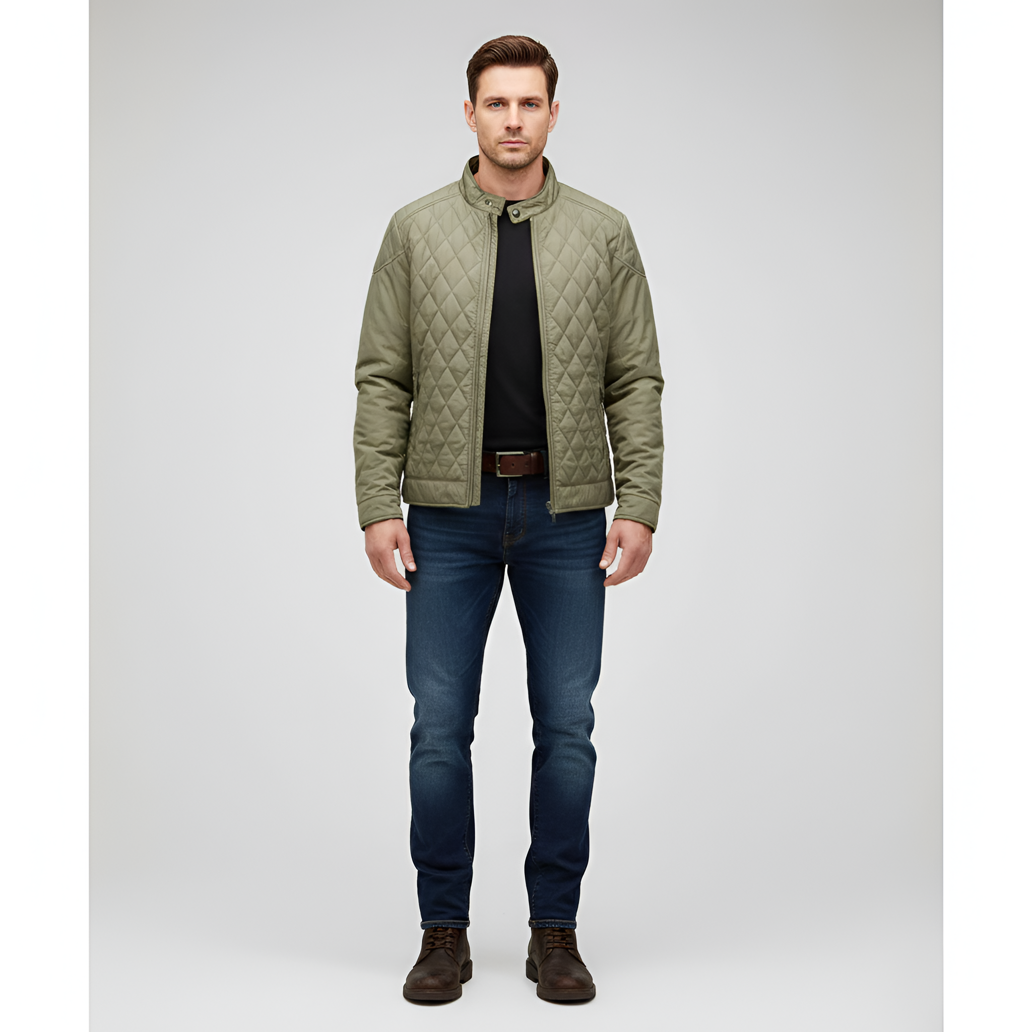 Men’s Lightly Padded Quilted Jacket with Zipper Closure and Transitional Design