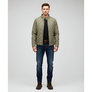 Men’s Lightly Padded Quilted Jacket with Zipper Closure and Transitional Design