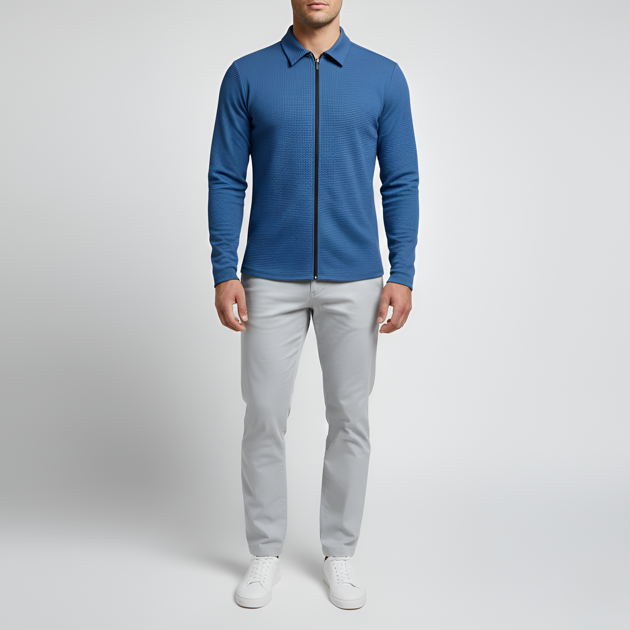 Men's Long-Sleeved Polo Shirt - Zip Closure with Classic Collar in Cotton