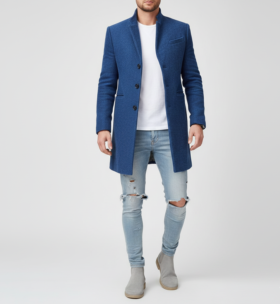Men's Classic Long Wool Coat with Notched Lapels and Button Closure
