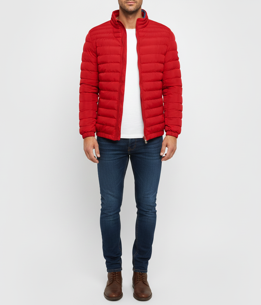 Men's Lightweight Puffer Jacket - Quilted Design with Zip Closure and Stand Collar
