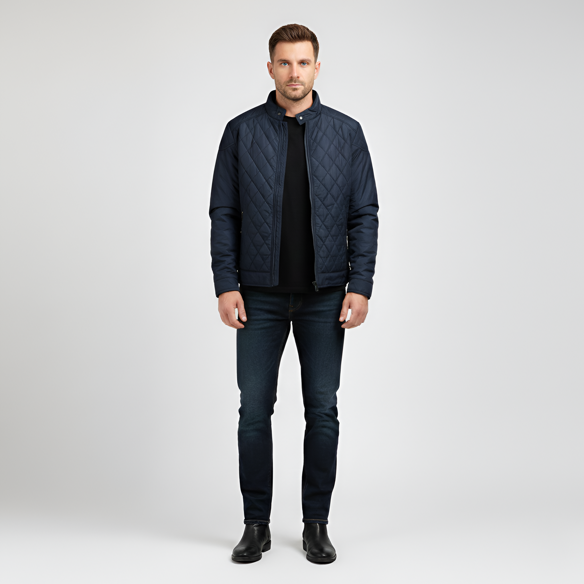 Men’s Lightly Padded Quilted Jacket with Zipper Closure and Transitional Design