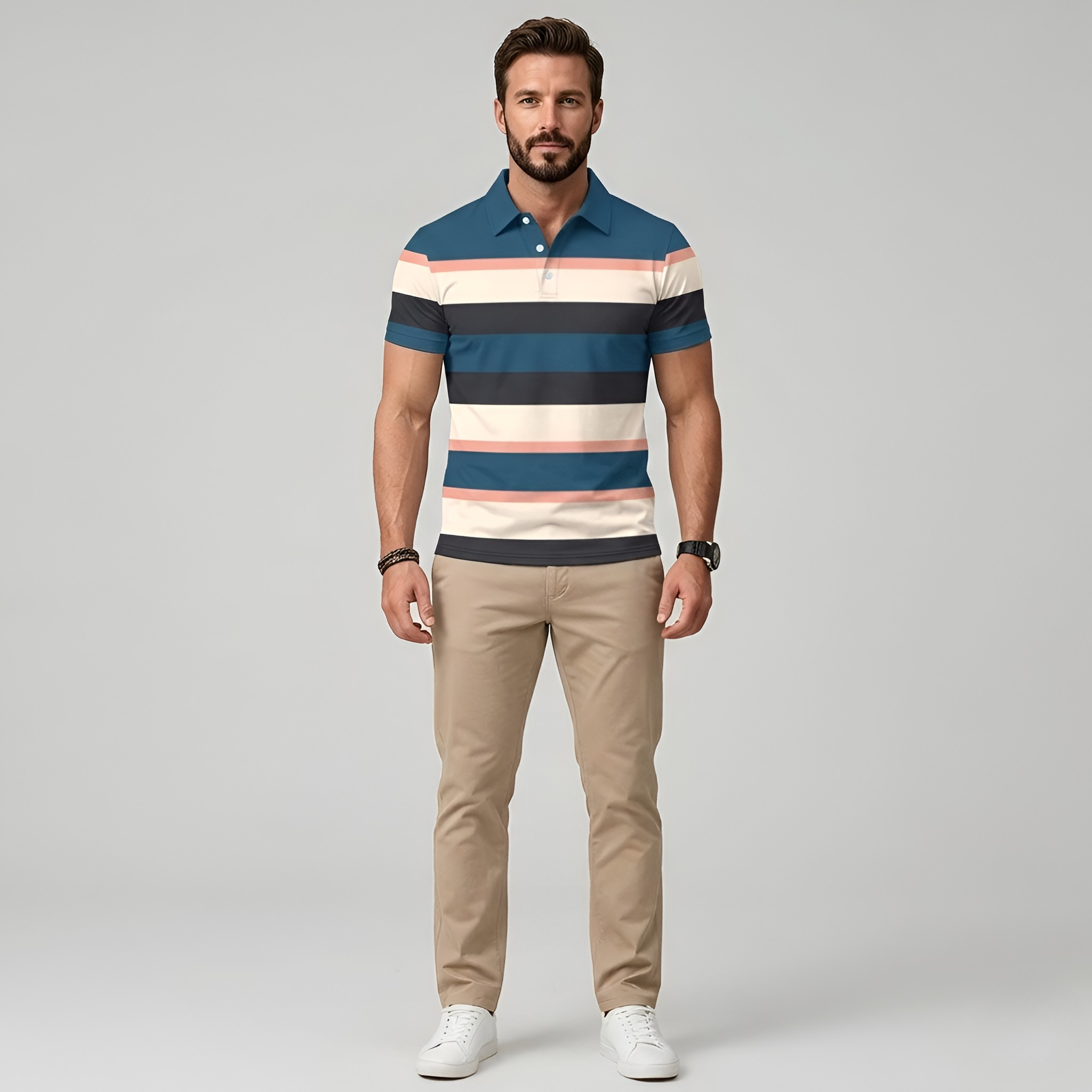 Men’s Striped Short-Sleeved Polo Shirt with Collared Neckline