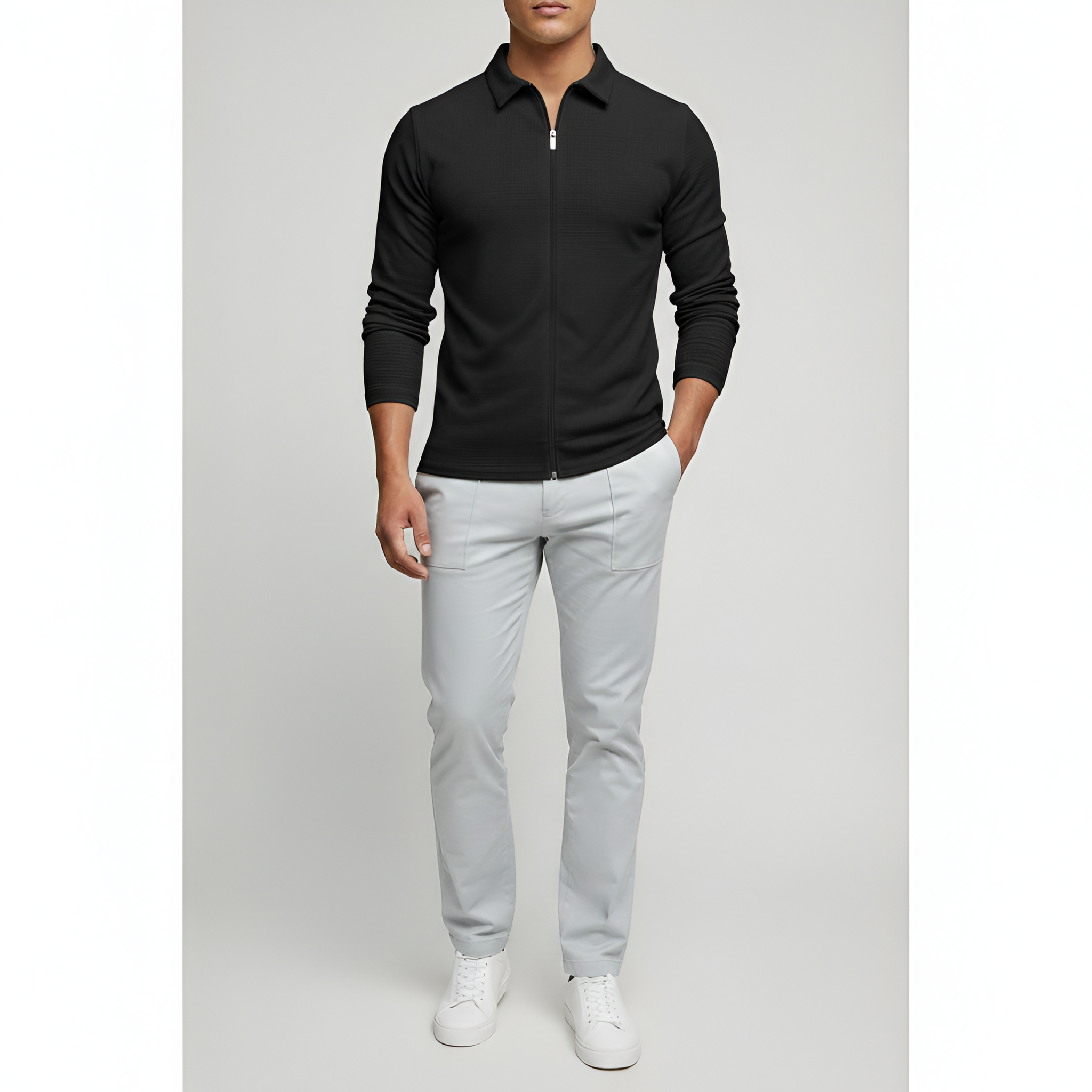 Men's Long-Sleeved Polo Shirt - Zip Closure with Classic Collar in Cotton