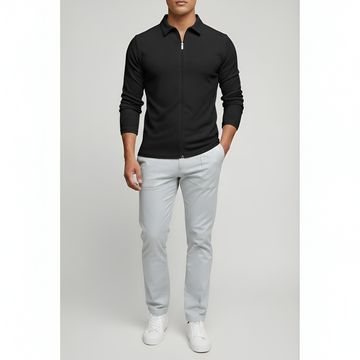 Men's Long-Sleeved Polo Shirt - Zip Closure with Classic Collar in Cotton