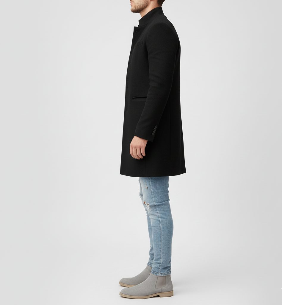 Men's Classic Long Wool Coat with Notched Lapels and Button Closure