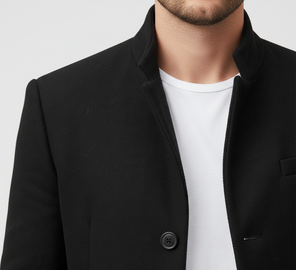Men's Classic Long Wool Coat with Notched Lapels and Button Closure