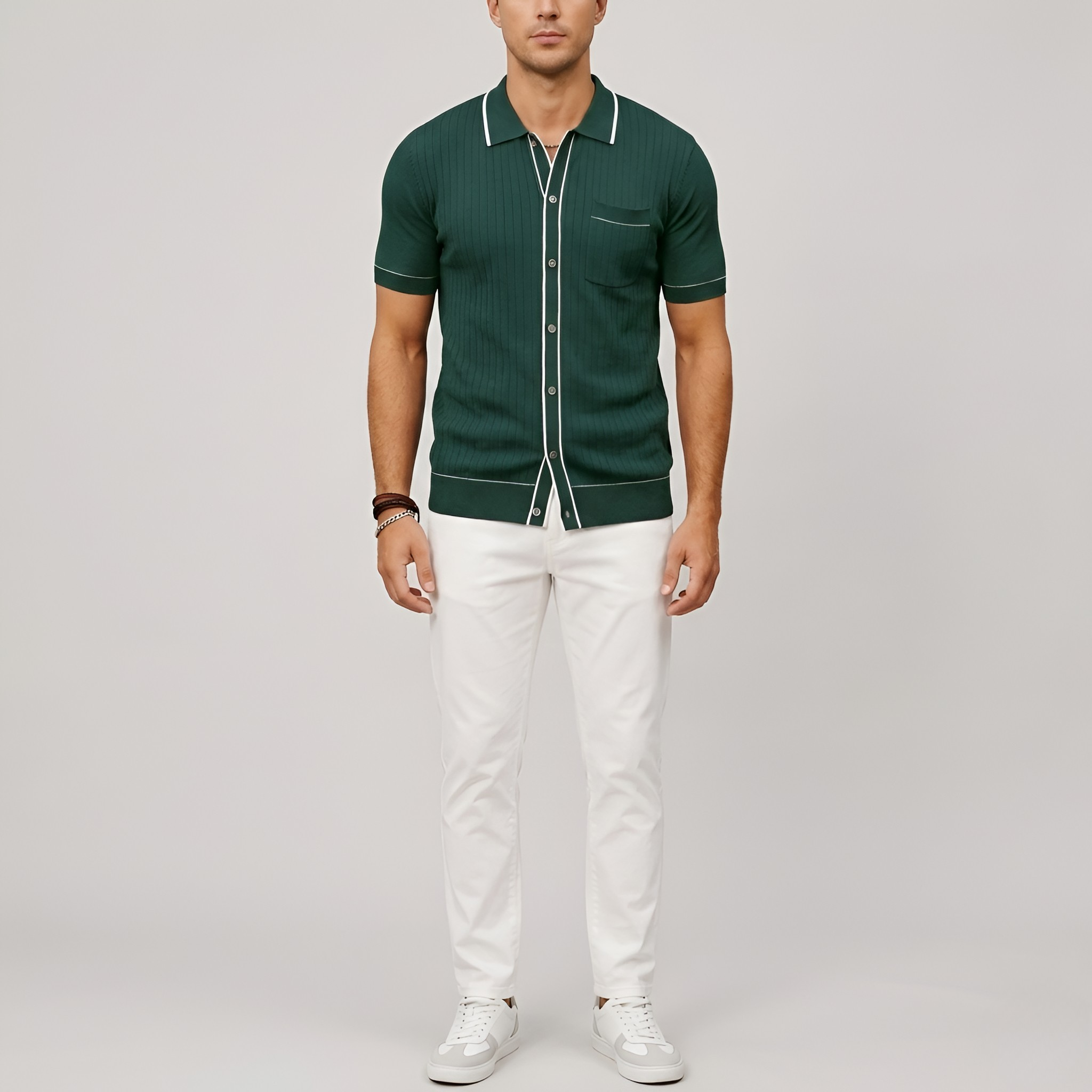 Men's Ribbed Polo Shirt - Button Closure and Shirt Collar with Short Sleeves