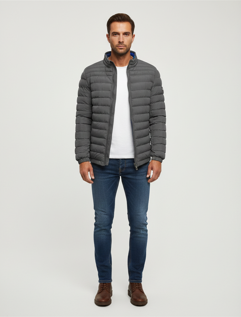 Men's Lightweight Puffer Jacket - Quilted Design with Zip Closure and Stand Collar