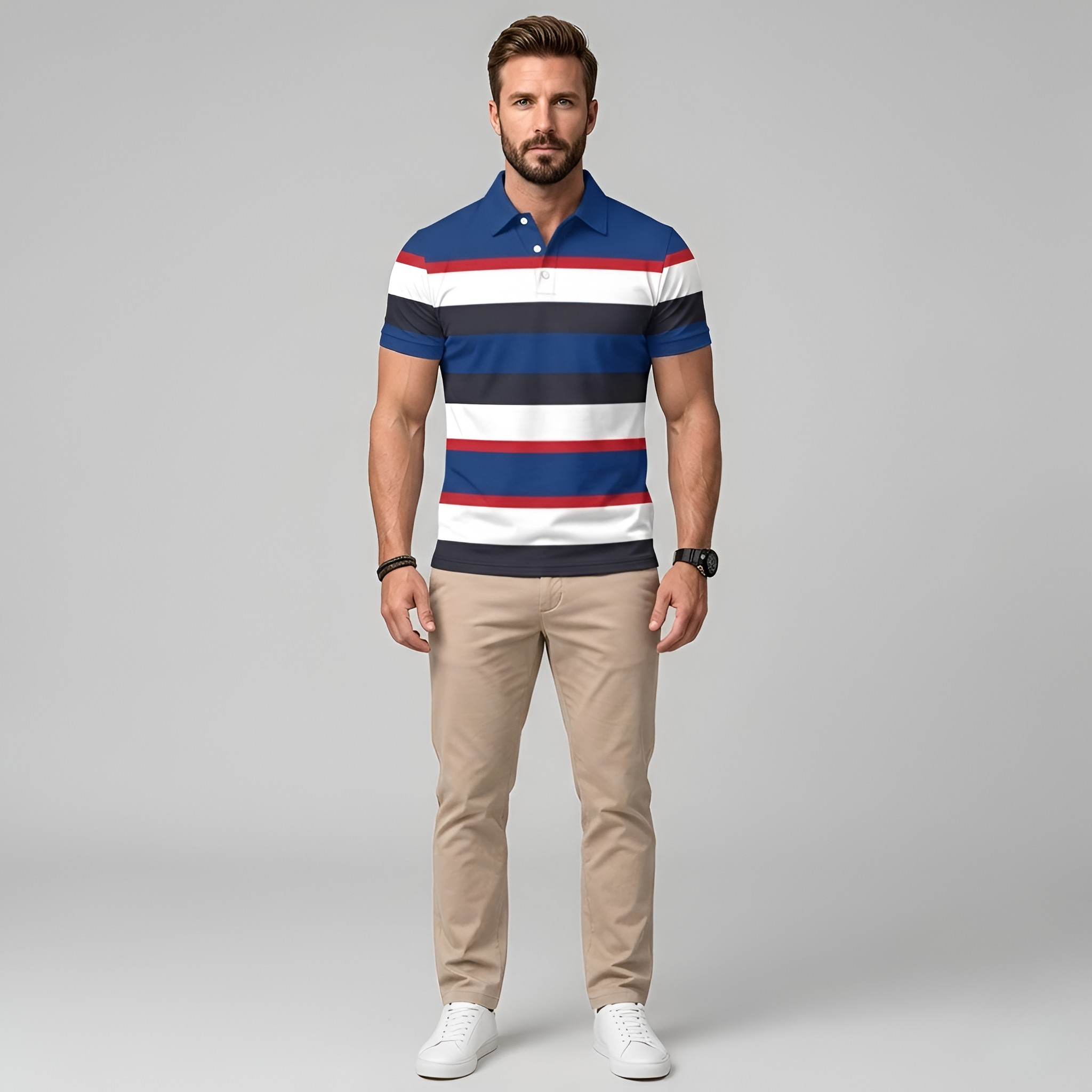 Men’s Striped Short-Sleeved Polo Shirt with Collared Neckline