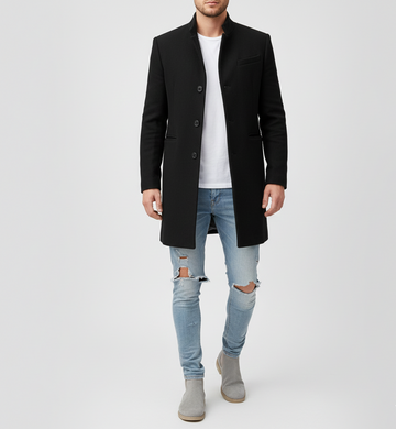 Men's Classic Long Wool Coat with Notched Lapels and Button Closure