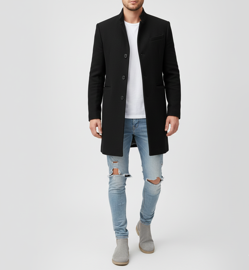 Men's Classic Long Wool Coat with Notched Lapels and Button Closure