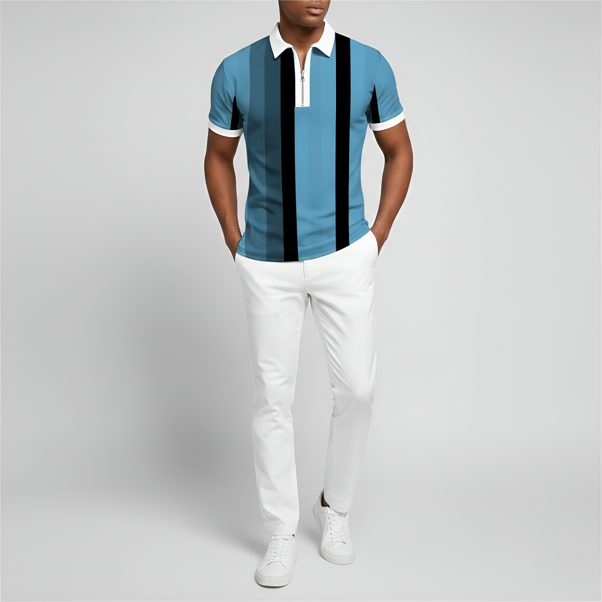 Men's Slim Fit Polo Shirt - Short-Sleeved Design with Zipper and Stripes