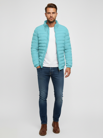 Men's Lightweight Puffer Jacket - Quilted Design with Zip Closure and Stand Collar